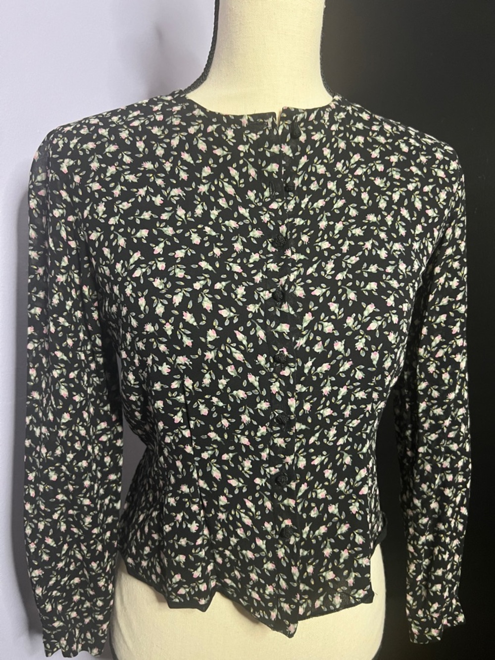 Vintage Dana Buchman 100% Silk Black Floral Button-Front Blouse